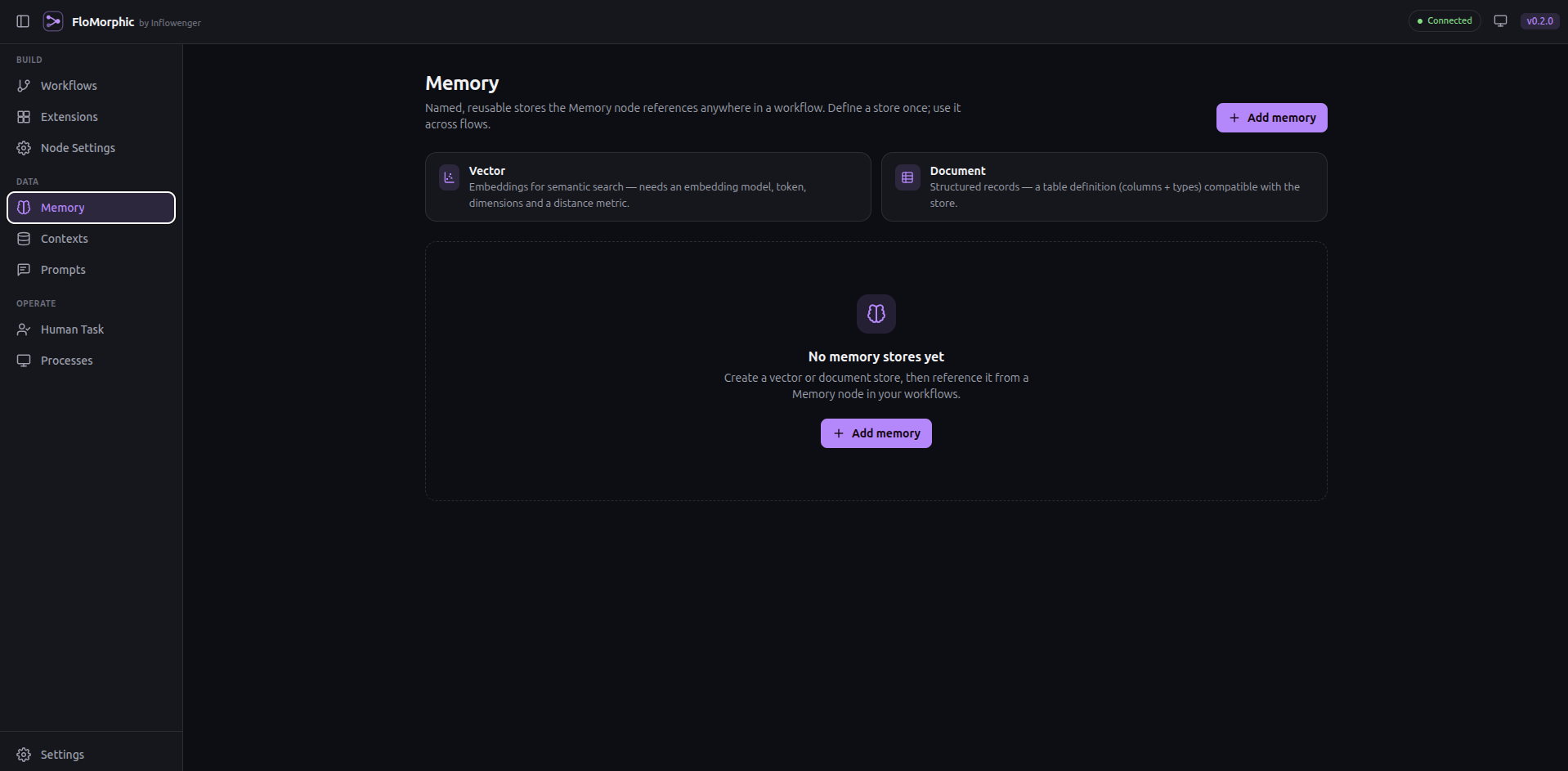 The Memory section — an empty store list to start from