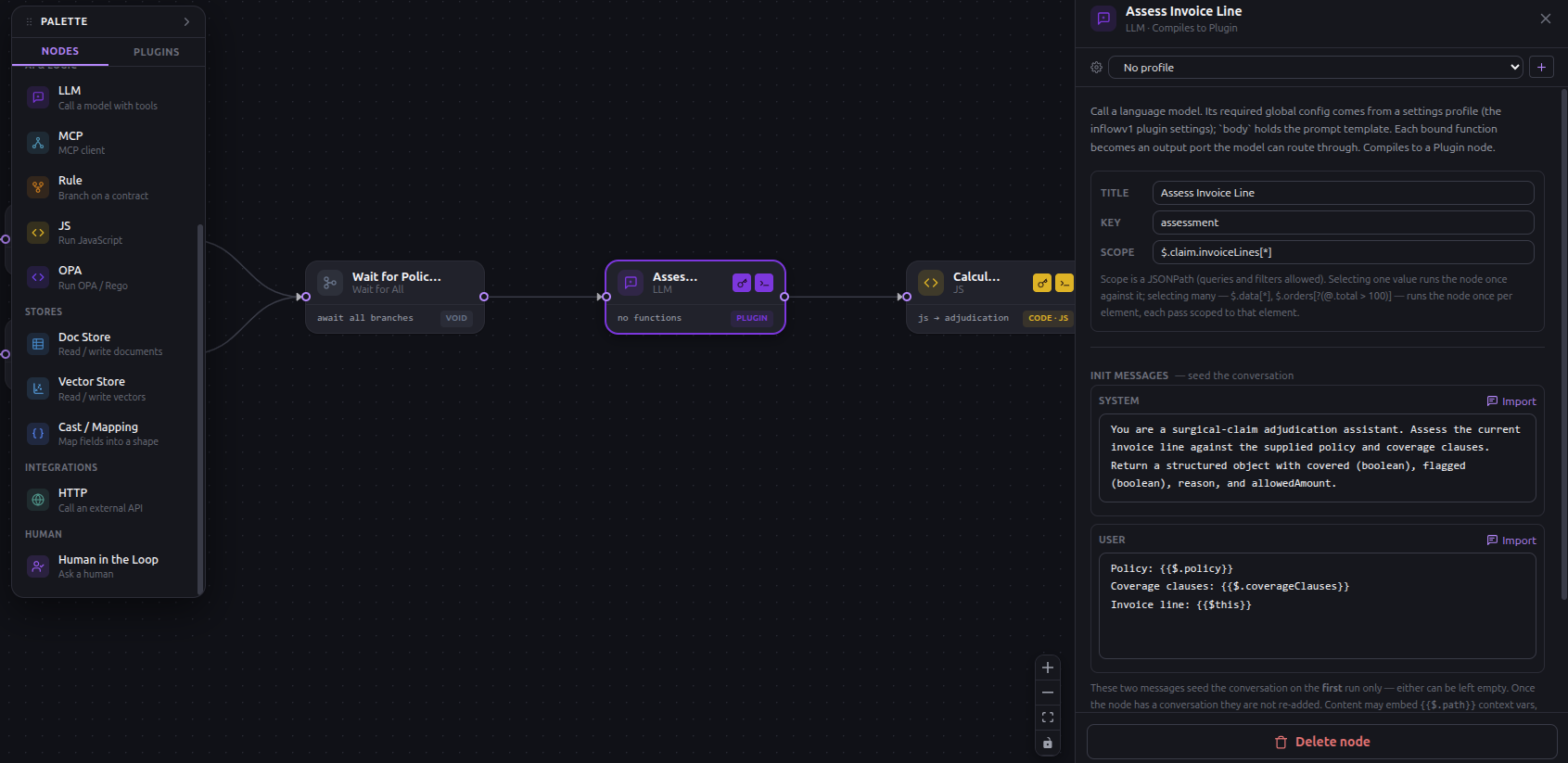 The assessment node's drawer — no bound functions, scope $.claim.invoiceLines*, seeded with a system and user message