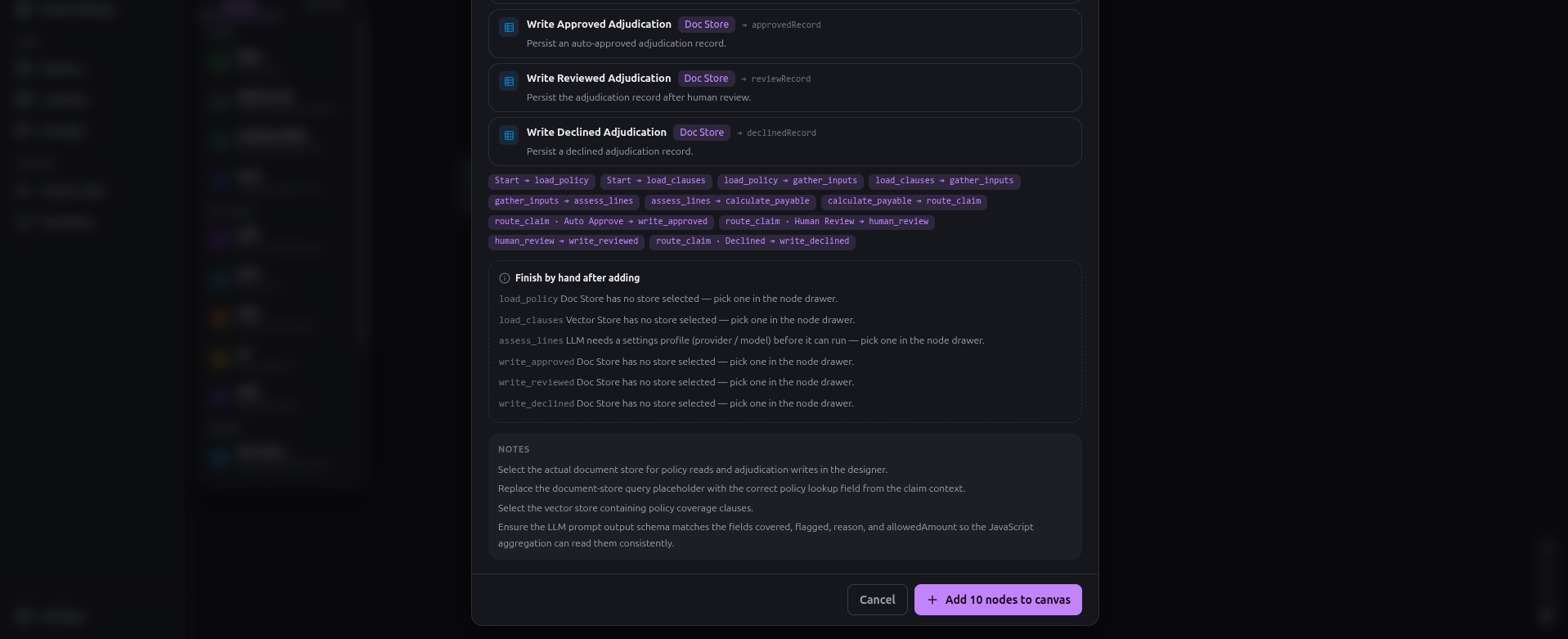 The planned patch — every node, edge, warning and advisory note, listed before anything is applied